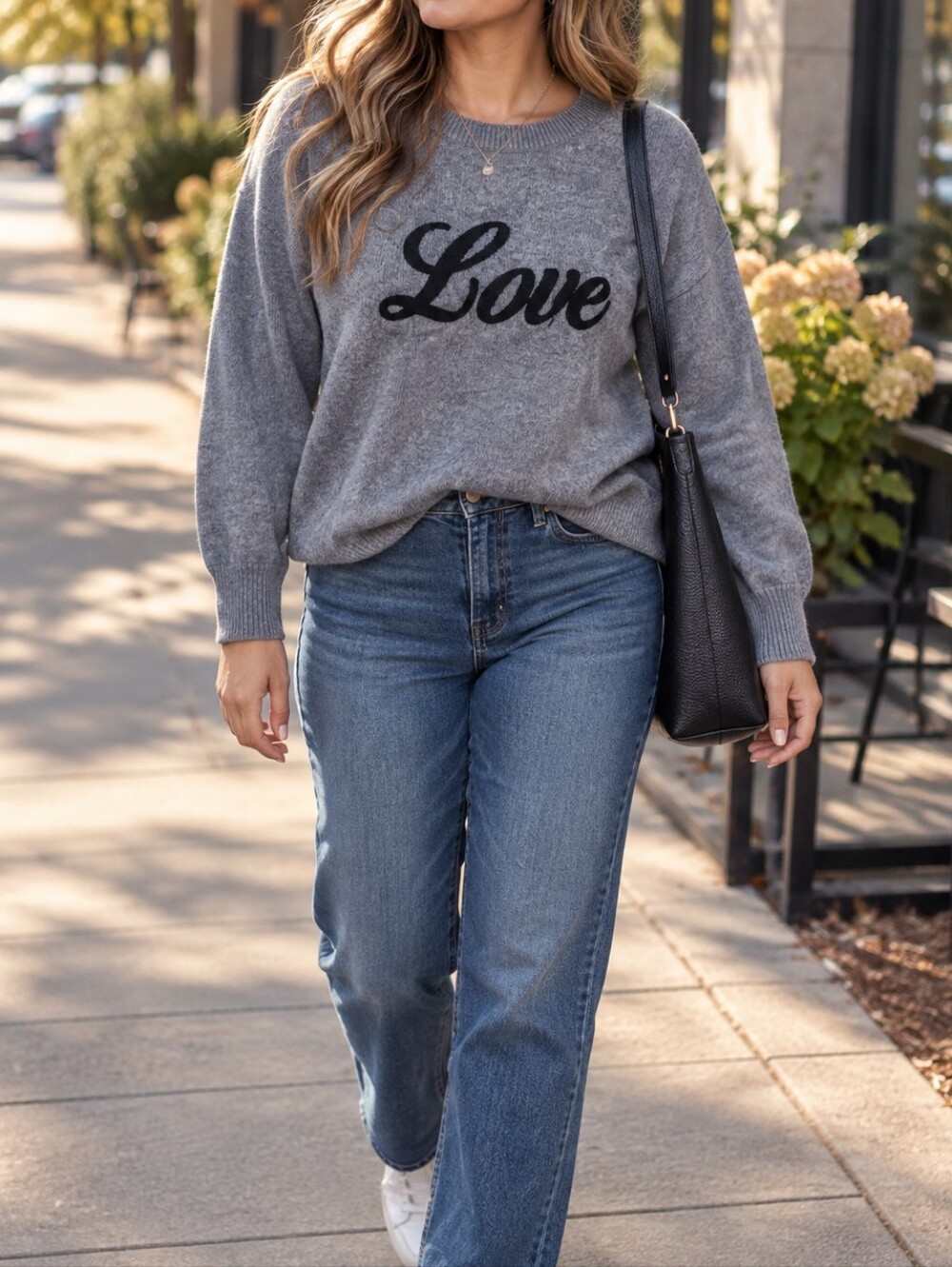 Ricki’s Women’s Gray Love Graphic Crewneck Sweater Cozy Casual Knit